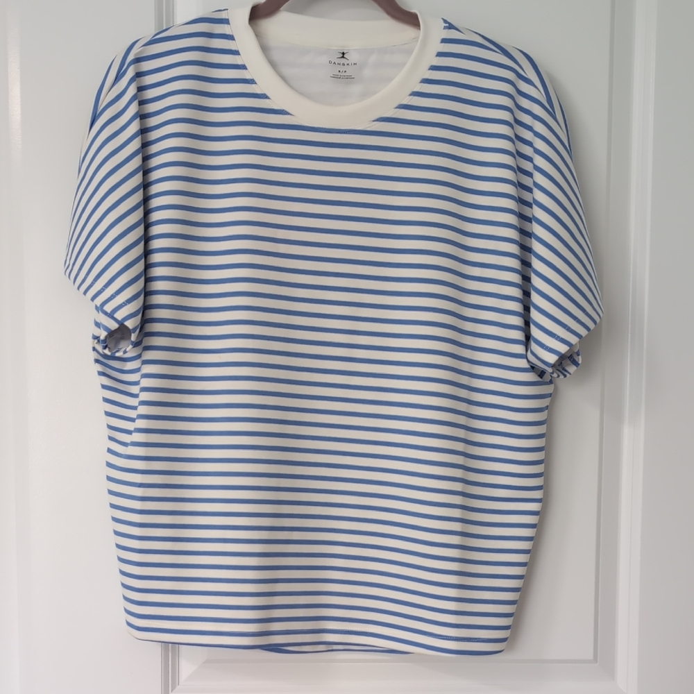 Danskin White Crewneck Top with Light Blue Stripes